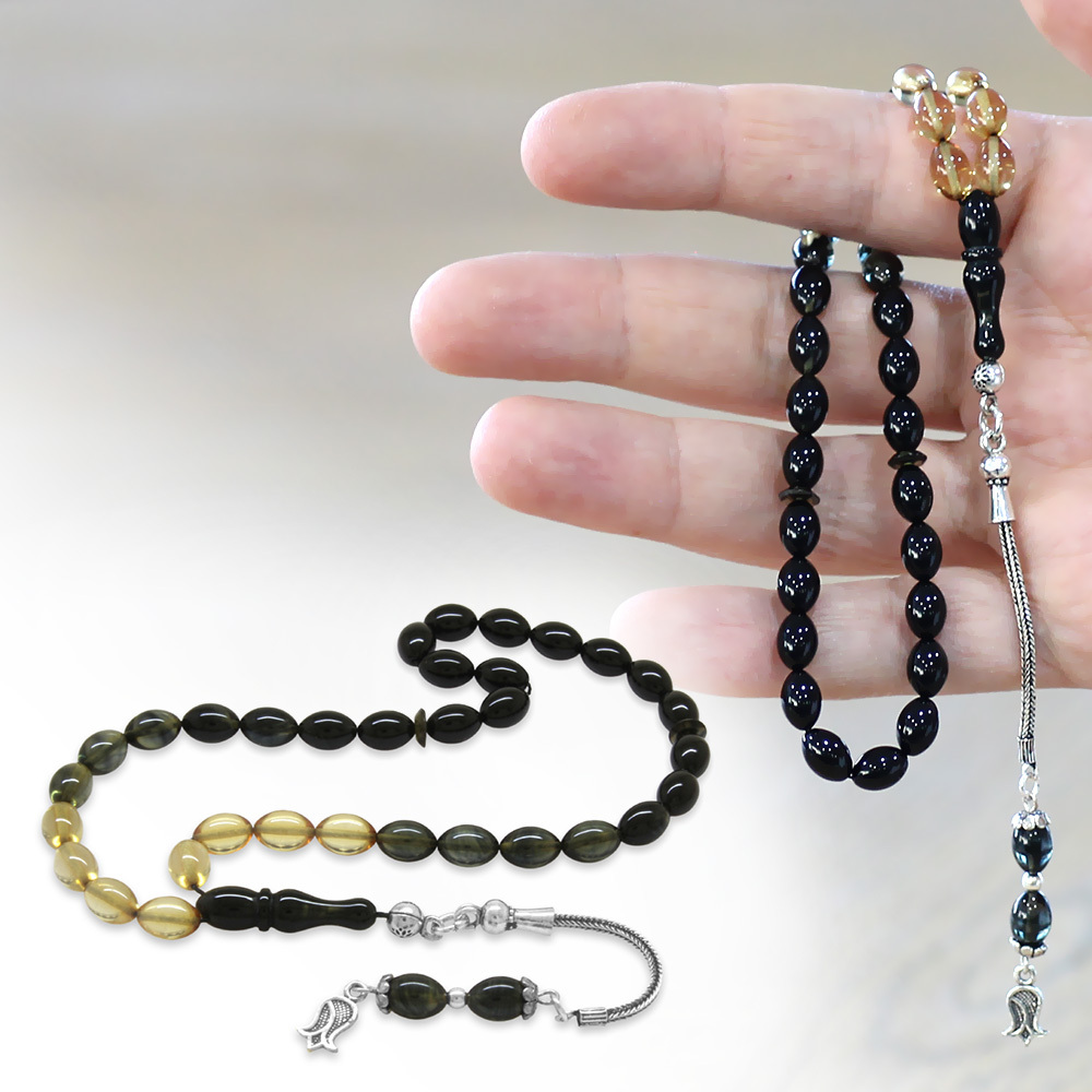 925 Ayar Gümüş Püsküllü Arpa Kesim Bilek Boy Süzme Siyah Beyaz Ateş Kehribar Tesbih - 1