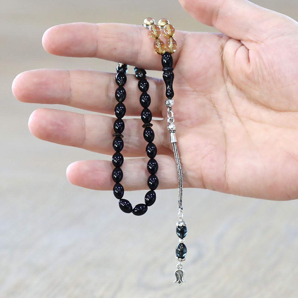 925 Ayar Gümüş Püsküllü Arpa Kesim Bilek Boy Süzme Siyah Beyaz Ateş Kehribar Tesbih - 2