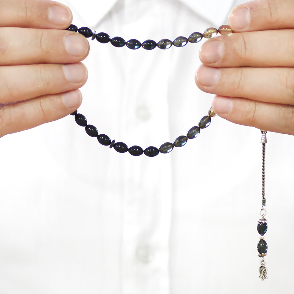 925 Ayar Gümüş Püsküllü Arpa Kesim Bilek Boy Süzme Siyah Beyaz Ateş Kehribar Tesbih - 3