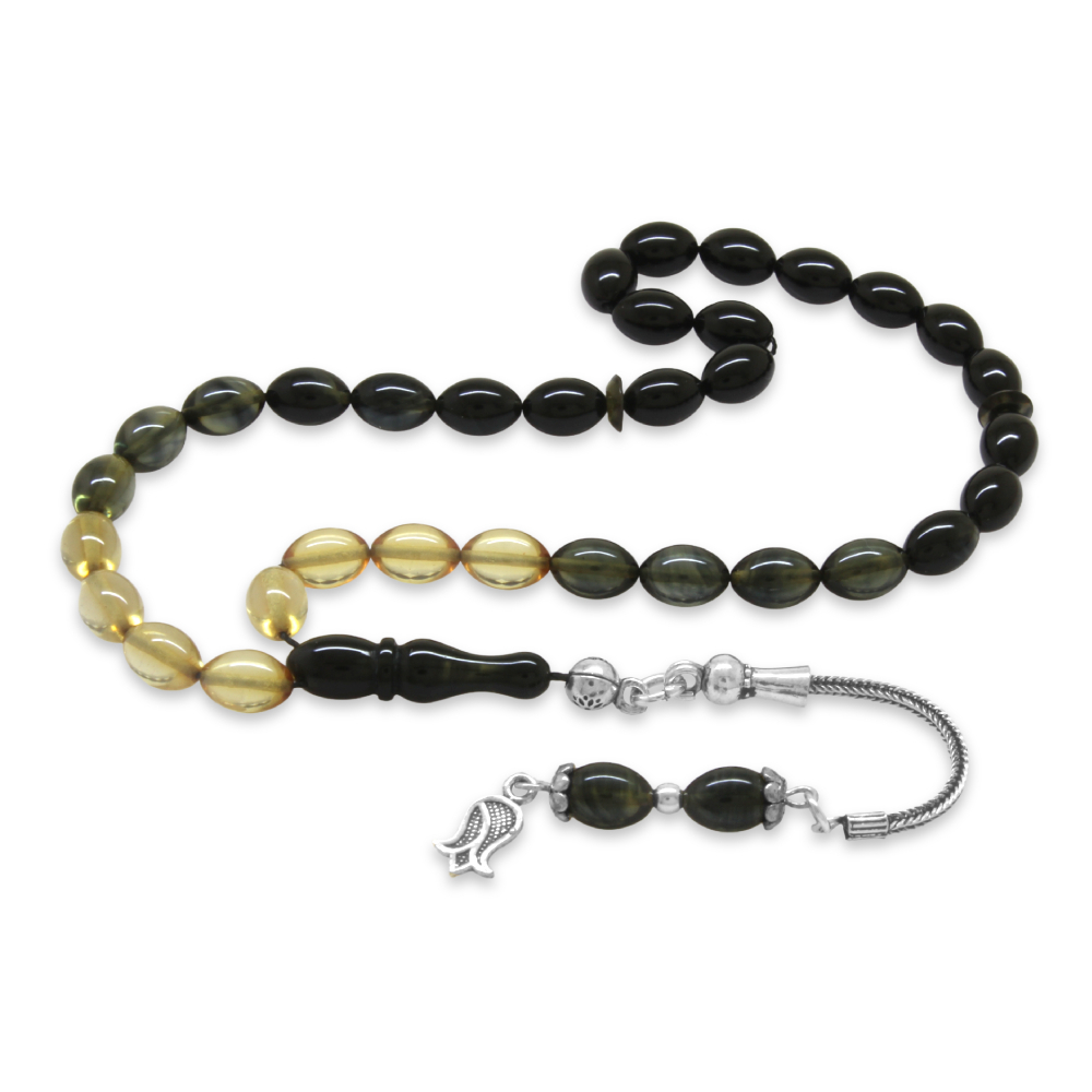 925 Ayar Gümüş Püsküllü Arpa Kesim Bilek Boy Süzme Siyah Beyaz Ateş Kehribar Tesbih - 4