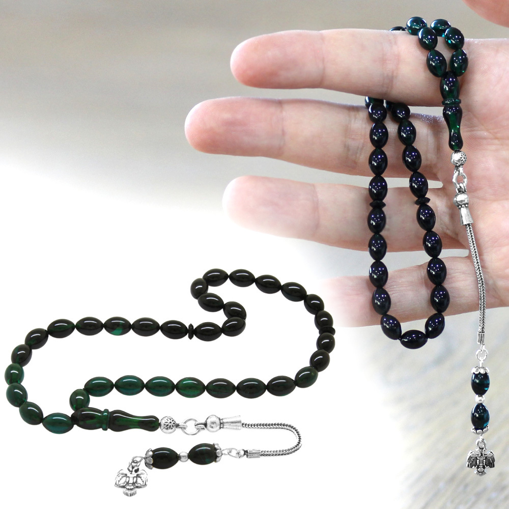 925 Ayar Gümüş Püsküllü Arpa Kesim Bilek Boy Süzme Turkuaz Siyah Ateş Kehribar Tesbih - 1