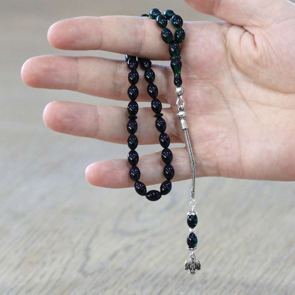 925 Ayar Gümüş Püsküllü Arpa Kesim Bilek Boy Süzme Turkuaz Siyah Ateş Kehribar Tesbih - 2