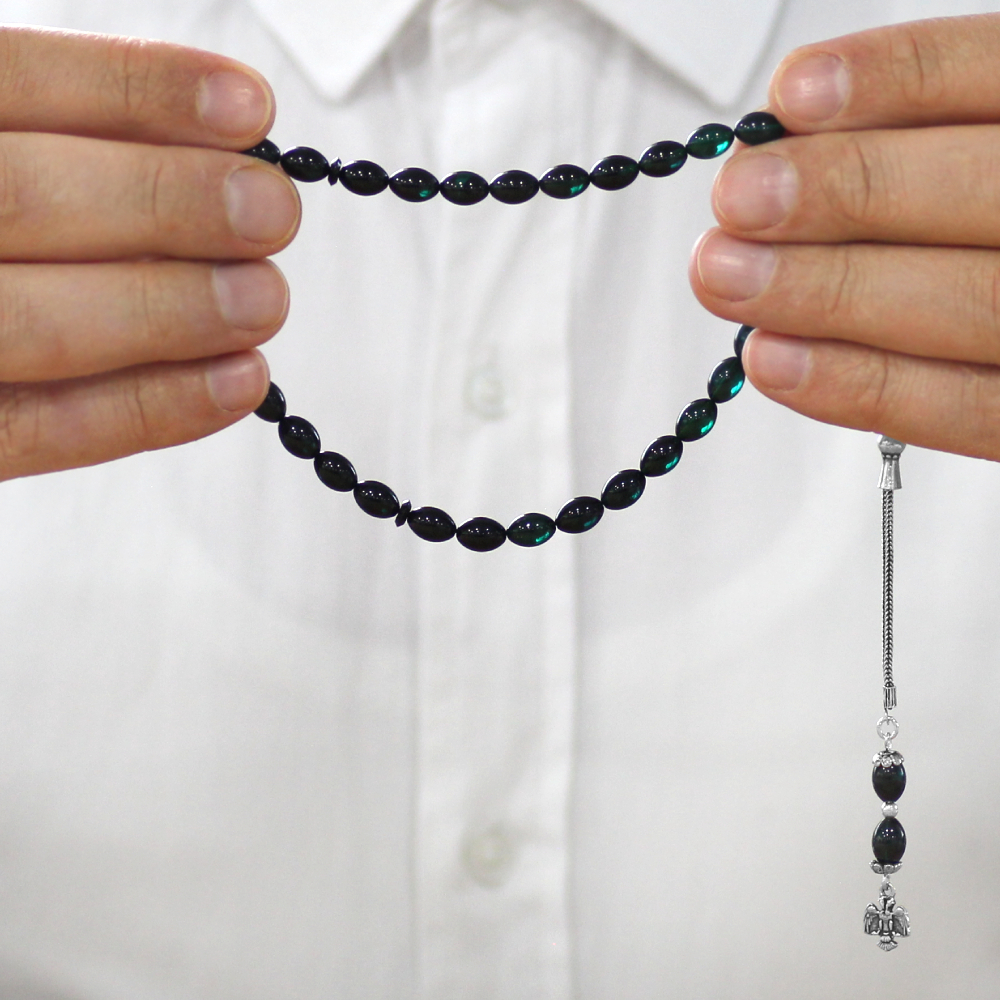 925 Ayar Gümüş Püsküllü Arpa Kesim Bilek Boy Süzme Turkuaz Siyah Ateş Kehribar Tesbih - 3