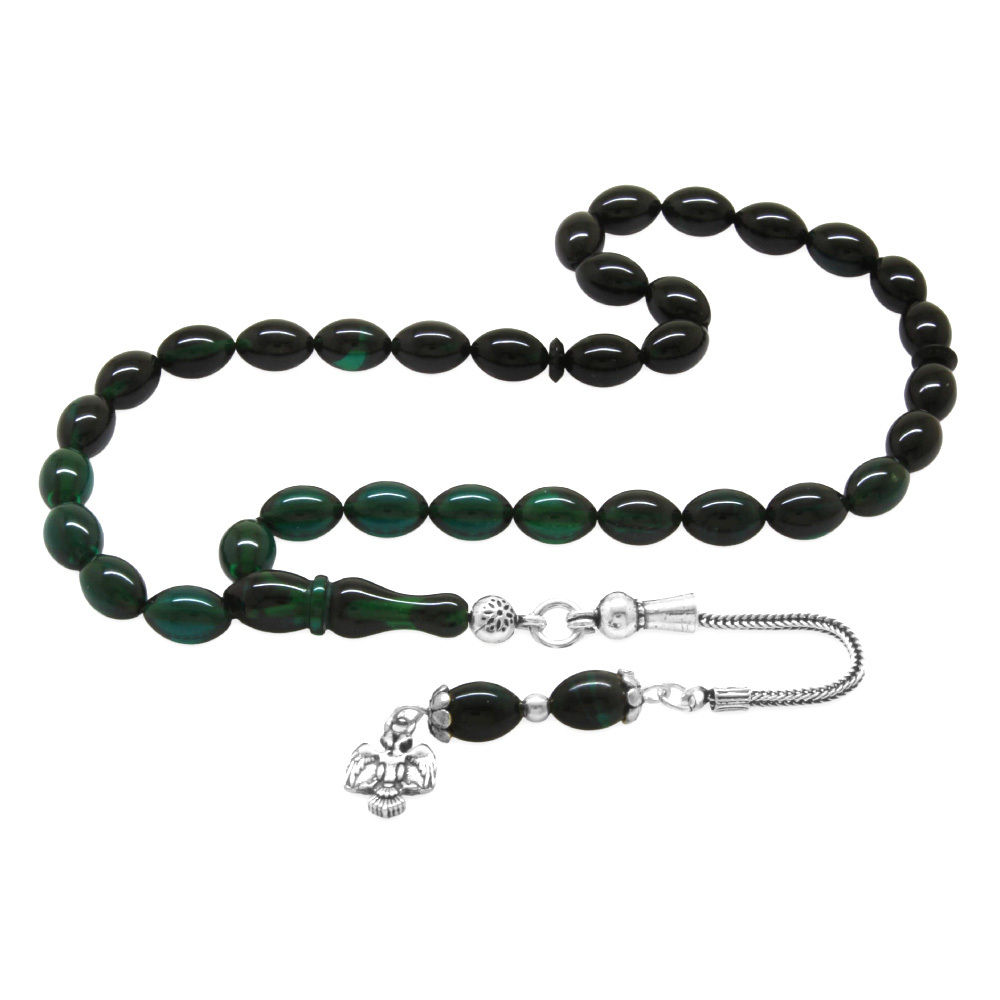 925 Ayar Gümüş Püsküllü Arpa Kesim Bilek Boy Süzme Turkuaz Siyah Ateş Kehribar Tesbih - 4