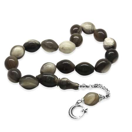 925 Ayar Gümüş Püsküllü Arpa Kesim Bufalo Boynuzu Efe Tesbih - Tesbihane