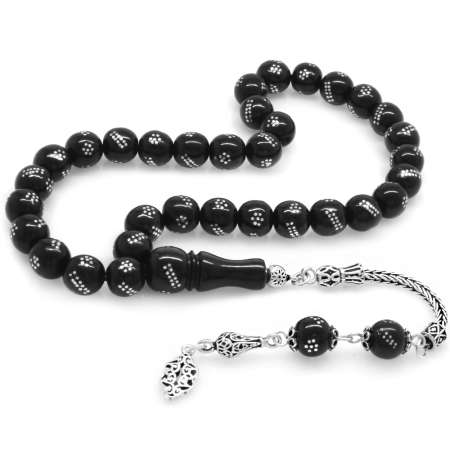 925 Ayar Gümüş Püsküllü Çift Sıra Gümüş Çakmalı Küre Kesim Rus Oltu Tesbih - Tesbihane