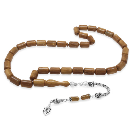 925 Ayar Gümüş Foxtail Zincir Püsküllü Kapsül Kesim Kahverengi Kuka Tesbih - Tesbihane