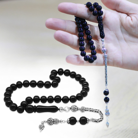 925 Ayar Gümüş Püsküllü Erzurum Oltu Taşı Tesbih - M2 - Tesbihane