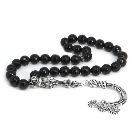 925 Ayar Gümüş Püsküllü Fasetalı Küre Kesim Siyah Oniks Doğaltaş Tesbih - Tesbihane