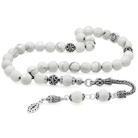 925 Ayar Gümüş Püsküllü Fasetalı Küre Kesim Havlit Doğaltaş Tesbih - Tesbihane