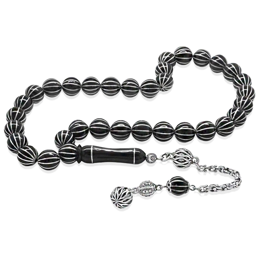 925 Ayar Gümüş Püsküllü Gümüş 12 li Karpuz Yarma Küre Kesim Erzurum Oltu Taşı Tesbih - 1