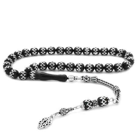 925 Ayar Gümüş Püsküllü Gümüş Baklava Deseni İşlemeli Erzurum Oltu Taşı Tesbih - Tesbihane