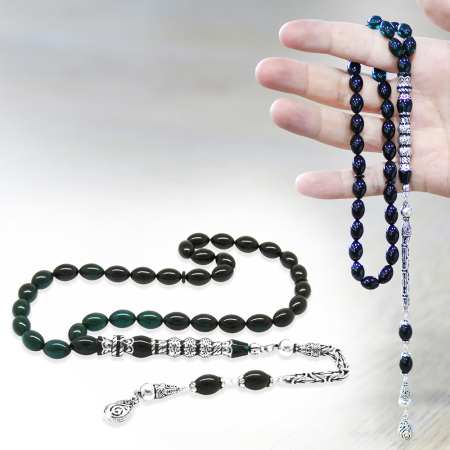 925 Ayar Gümüş Kral Püskül Gümüş Üç Şerefeli Nakkaş İmameli Süzme Turkuaz Siyah Ateş Kehribar Tesbih - Tesbihane