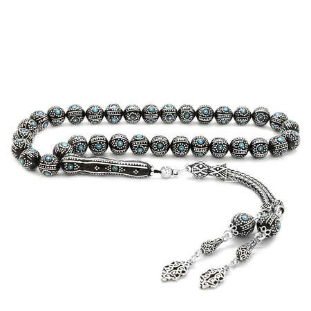 925 Ayar Gümüş Püsküllü Küre Kesim Yoğun Gümüş Firuze İşlemeli Erzurum Oltu Taşı Tesbih - Tesbihane