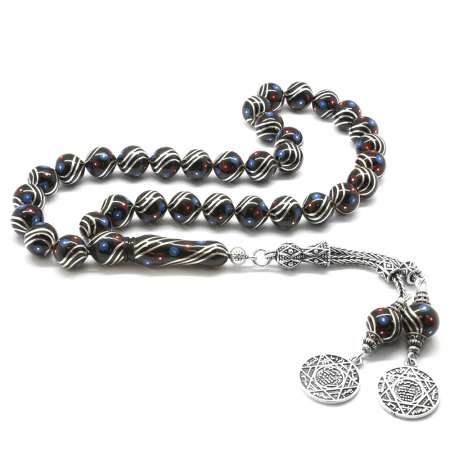 925 Ayar Gümüş Püsküllü Gümüş Firuze Mercan İşlemeli Erzurum Oltu Taşı Tesbih - Tesbihane