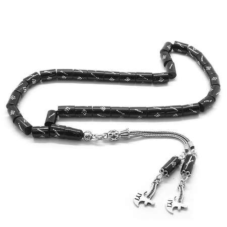 925 Ayar Gümüş Püsküllü Gümüş İşlemeli Kesme Kesim Rus Oltu Tesbih - Tesbihane