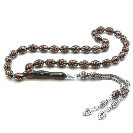 925 Ayar Gümüş Püsküllü Gümüş Mercan İşleme Arpa Kesim Erzurum Oltu Taşı Tesbih - Tesbihane