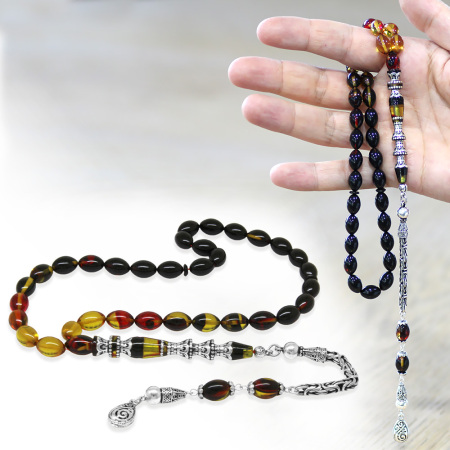 925 Ayar Gümüş Kral Püsküllü Gümüş Minare Nakkaş İmameli Süzme Bala Siyah Ateş Kehribar Tesbih - Tesbihane