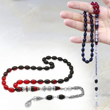 925 Ayar Gümüş Kral Püsküllü Gümüş Minare Nakkaş İmameli Süzme Kırmızı Siyah Ateş Kehribar Tesbih - Tesbihane