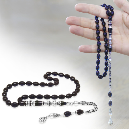 925 Ayar Gümüş Kral Püsküllü Gümüş Minare Nakkaş İmameli Koyu Lacivert Sıkma Kehribar Tesbih - Tesbihane