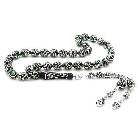 925 Ayar Gümüş Püsküllü Gümüş Mine İşlemeli Arpa Kesim Erzurum Oltu Taşı Tesbih - Tesbihane