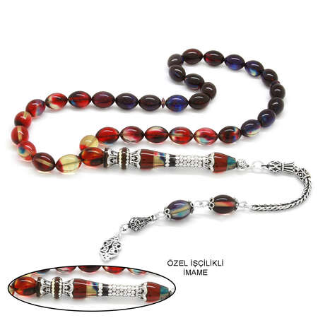 925 Ayar Gümüş Püsküllü Gümüş Nakkaş İmameli Süzme Bonibon Ateş Kehribar Tesbih - Tesbihane