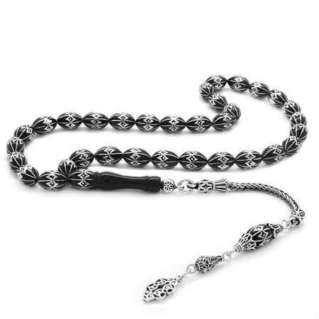 925 Ayar Gümüş Püsküllü Gümüş Sarmal Baklava Deseni İşlemeli Erzurum Oltu Taşı Tesbih - Tesbihane