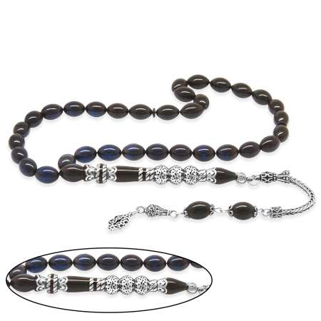 925 Ayar Gümüş Püsküllü Gümüş Üç Şerefeli Nakkaş İmameli Süzme Mavi Siyah Sıkma Kehribar Tesbih - Tesbihane