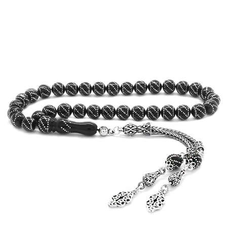 925 Ayar Gümüş Püsküllü Gümüş Yanburgu İşlemeli Erzurum Oltu Taşı Tesbih - Tesbihane