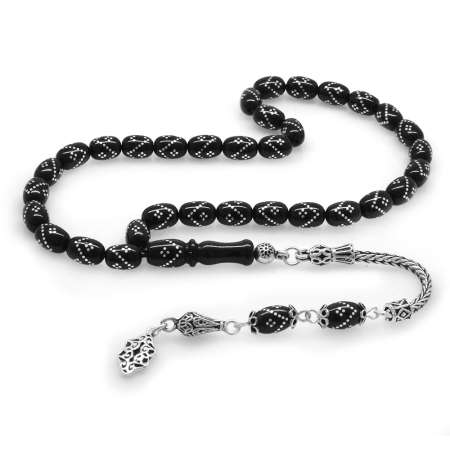 925 Ayar Gümüş Püsküllü Gümüş Zigzag İşlemeli Arpa Kesim Rus Oltu Tesbih - Tesbihane