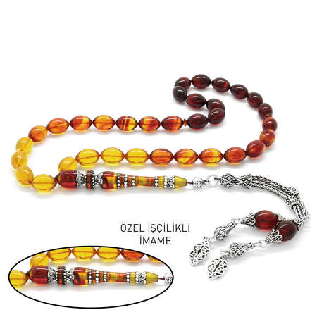 925 Ayar Gümüş Püsküllü İmamesi Gümüş İşlemeli Kırmızı-Sarı Ateş Kehribar Tesbih - Tesbihane