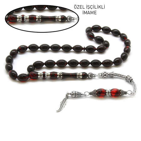 925 Ayar Gümüş Püsküllü İmamesi Gümüş İşlemeli Kırmızı Sıkma Kehribar Tesbih - Tesbihane