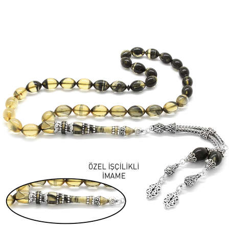 925 Ayar Gümüş Püsküllü İmamesi Gümüş İşlemeli Süzme Siyah Ateş Kehribar Tesbih - Tesbihane