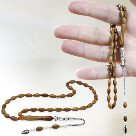 925 Ayar Gümüş Püsküllü İnce Tasarım Arpa Kesim Kahverengi Kuka Tesbih - Tesbihane