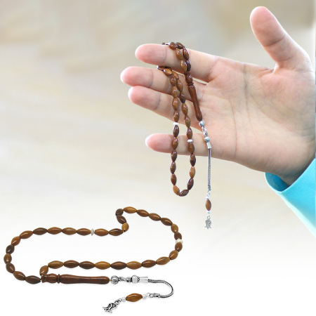 925 Ayar Gümüş Püsküllü İnce Tasarım Deve Kemiği Kombinasyonlu Exclusive Renk Arpa Kesim Kuka Tesbih - Tesbihane