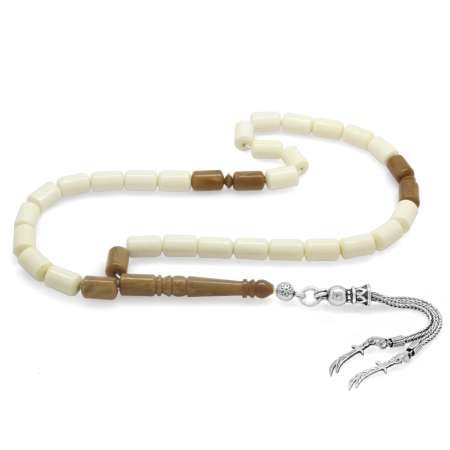 925 Ayar Gümüş Püsküllü İşçilikli Kuka İmameli Kapsül Kesim Deve Kemiği Tesbih - Tesbihane