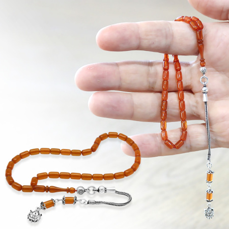 Ateş Kehribar Tesbih - 925 Ayar Gümüş Püsküllü - Mini Boy - Gün Batımı - Kapsül Kesim - Tesbihane