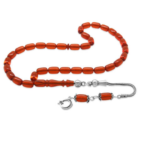 925 Ayar Gümüş Püsküllü Kapsül Kesim Mini Boy Turuncu Ateş Kehribar Tesbih - Tesbihane