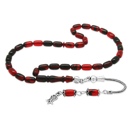 925 Ayar Gümüş Püsküllü Kapsül Kesim Mini Boy Kırmızı Siyah Ateş Kehribar Tesbih - Tesbihane