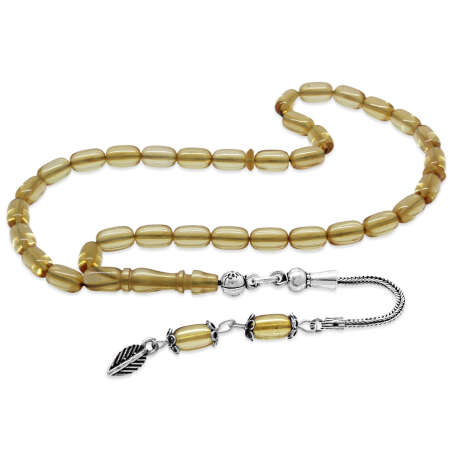 925 Ayar Gümüş Püsküllü Kapsül Kesim Mini Boy Saman Sarı Ateş Kehribar Tesbih - Tesbihane