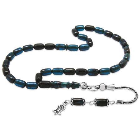 925 Ayar Gümüş Püsküllü Kapsül Kesim Mini Boy Turkuaz Siyah Ateş Kehribar Tesbih - Tesbihane