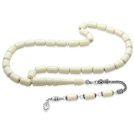 925 Ayar Gümüş Püsküllü Kapsül Kesim Doğal Renk Deve Kemiği Tesbih - Tesbihane