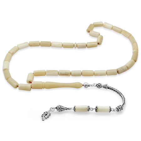 925 Ayar Gümüş Püsküllü Kapsül Kesim İmamesi İşçilikli Naturel Renk Deve Kemiği Tesbih - Tesbihane