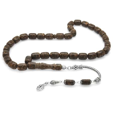 925 Ayar Gümüş Püsküllü Kapsül Kesim Kahverengi Tarçın Ağacı Tesbih - Tesbihane