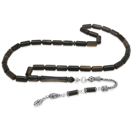 925 Ayar Gümüş Püsküllü Kapsül Kesim Naturel Renk Bufalo Boynuzu Tesbih - Tesbihane