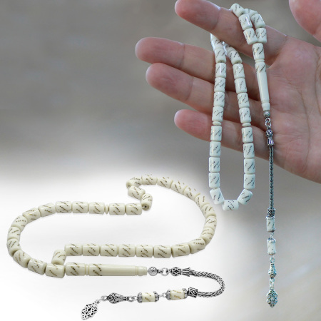 925 Ayar Gümüş Püsküllü Kapsül Kesim Pirinç İşlemeli Deve Kemiği Tesbih - Tesbihane