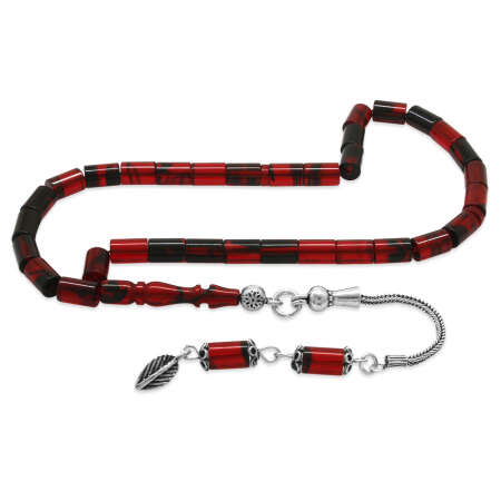 925 Ayar Gümüş Püsküllü Kesme Kesim Mini Boy Kırmızı Siyah Ateş Kehribar Tesbih - Tesbihane