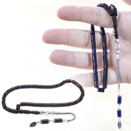 925 Ayar Gümüş Püsküllü Kesme Kesim Mini Boy Lacivert Siyah Sıkma Kehribar Tesbih - Tesbihane