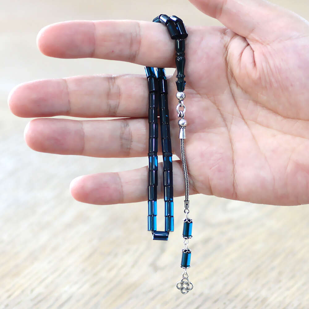 925 Ayar Gümüş Püsküllü Kesme Kesim Mini Boy Mavi Ateş Kehribar Tesbih - 2