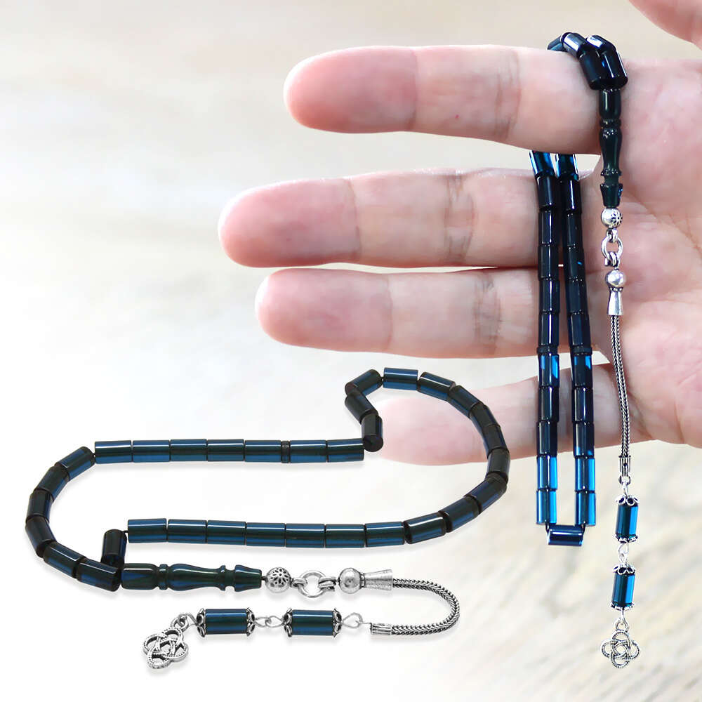 925 Ayar Gümüş Püsküllü Kesme Kesim Mini Boy Mavi Ateş Kehribar Tesbih - 1